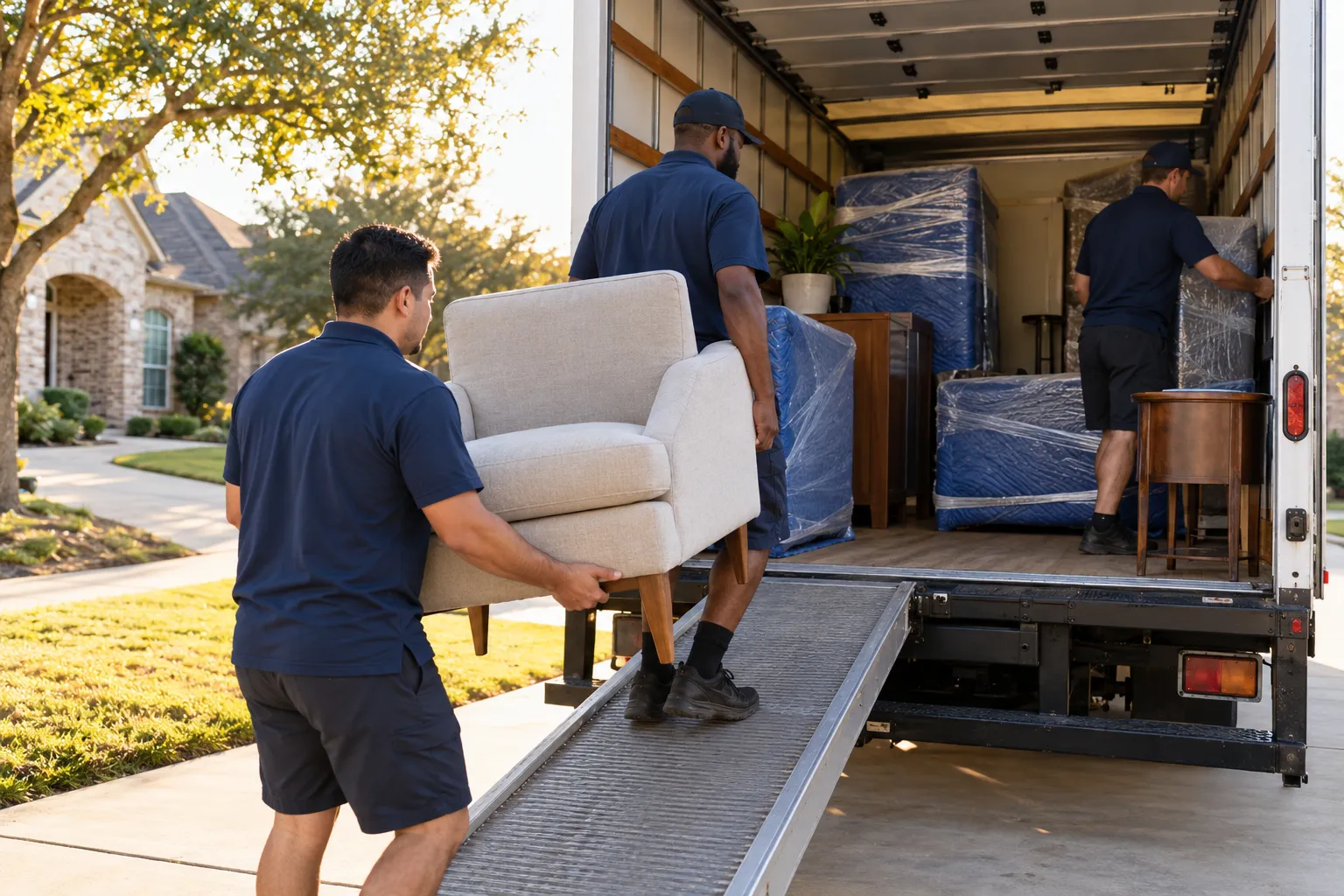 Movers loading protected household furniture