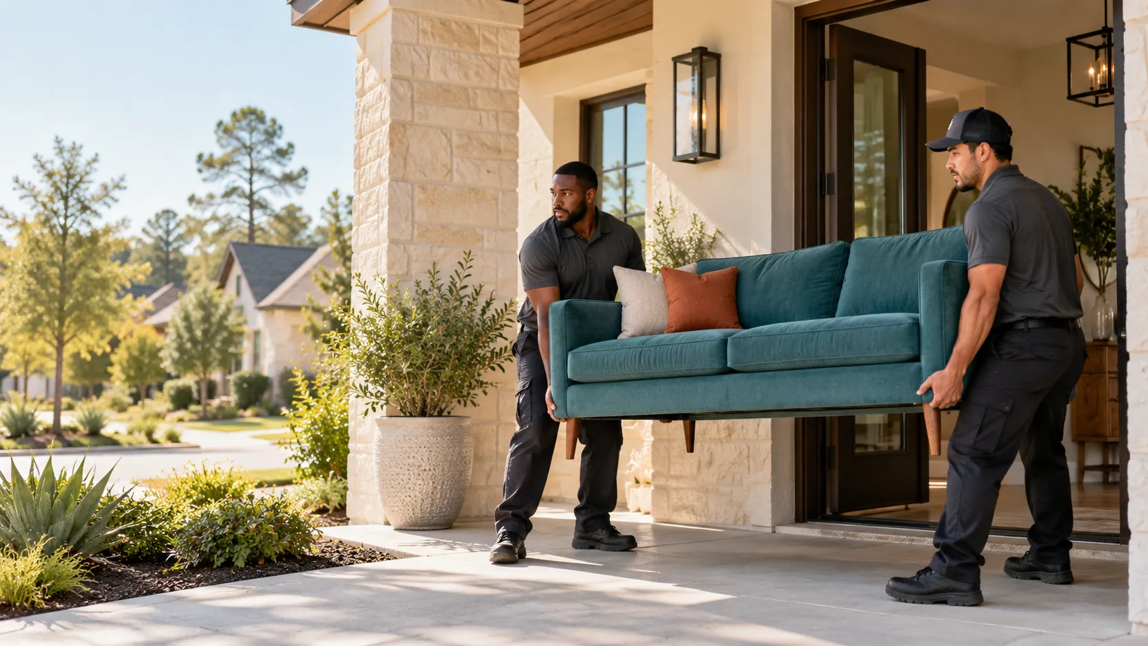 Movers carrying a teal sofa from a home